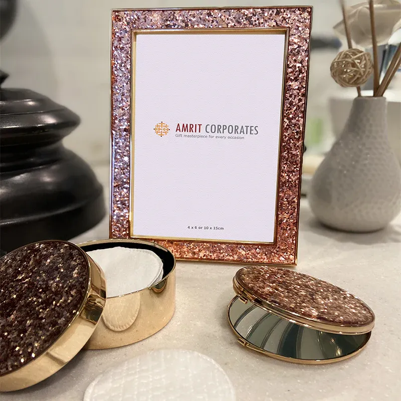 Set Of Pink Shimmer Frame + Compact Mirror + Box