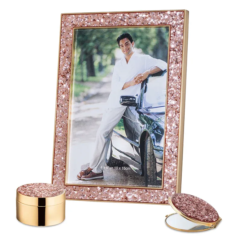 Set Of Pink Shimmer Frame + Compact Mirror + Box