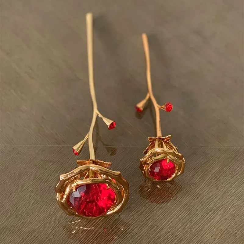 Rose Figurine With Red Crystals In Gold Plating